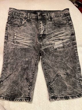 Men's Black Acid-Wash Distressed Denim Jean Shorts